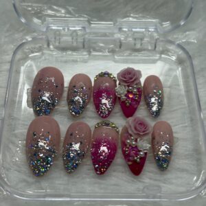 Pink Petal Glam - 3D Rose & Glitter Press-On Nails
