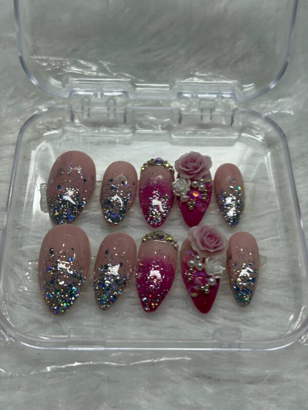 Pink Petal Glam - 3D Rose & Glitter Press-On Nails