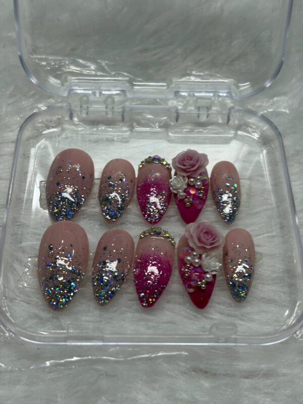 Pink Petal Glam - 3D Rose & Glitter Press-On Nails