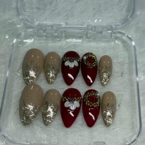 Ruby Wreath - Festive Red & Gold Glitter Press-On Nails