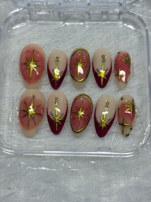 Crimson Comet - Celestial Gold Star Press-On Nails