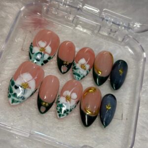 Midnight Garden - Emerald Floral & Gold Piercing Nails