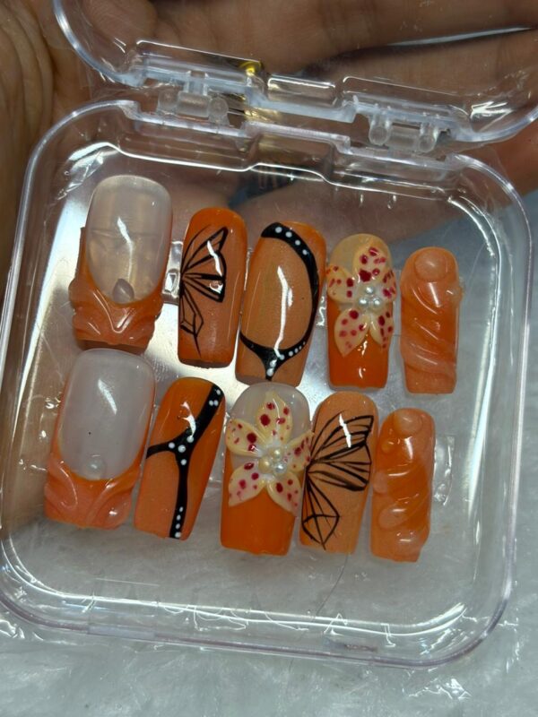 Mariposa - Orange Butterfly Wing & 3D Floral Nails