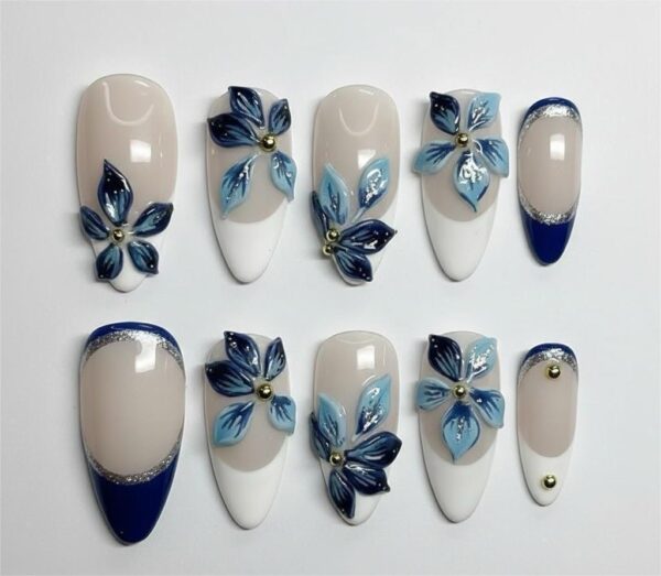Elegant 3D Blue Floral & Silver Glitter French Tip Press On Nails
