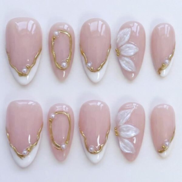 Elegant 3D Floral & Pearl White French Tip Press On Nails