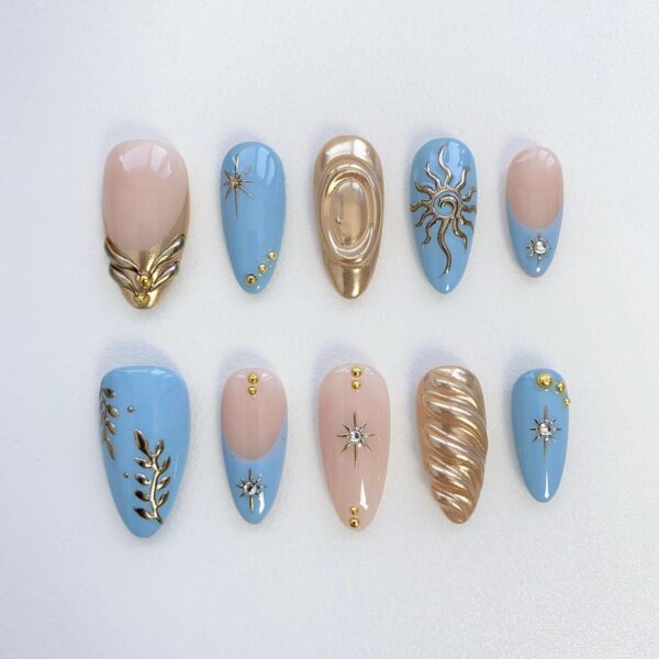 Mystical Gold Sun, Star & Leaf Press On Nail Collection