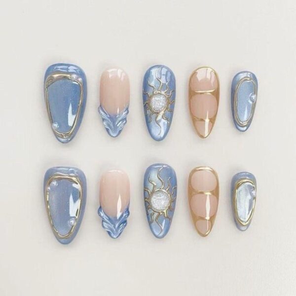 Mystical Icy Blue & Gold Celestial Sun Press On Nails