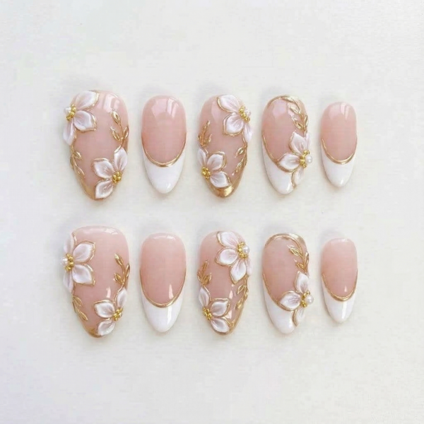 Luxury 3D White Floral & Gold Vine French Tip Press On Nails
