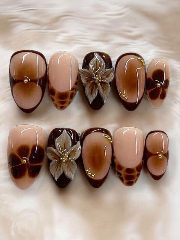 Chic Chocolate Mocha & 3D Floral Tortoiseshell Press On Nails