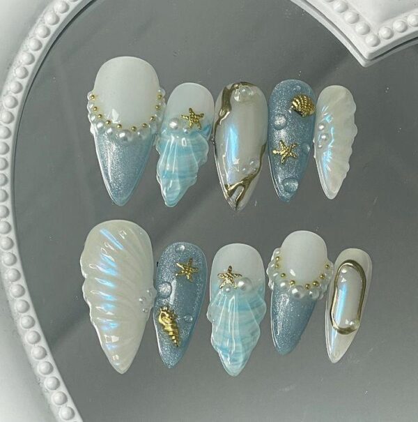 Shimmering Ocean Blue & 3D Seashell Pearl Mermaid Press On Nails