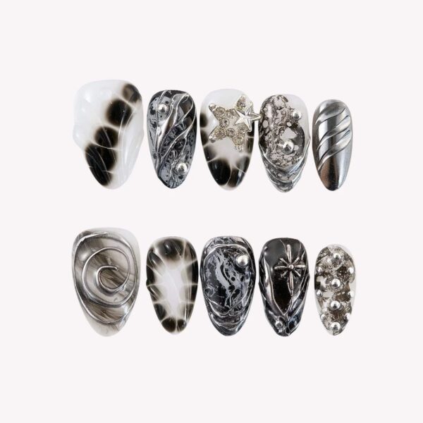 Dark Grunge Y2K Silver Metallic & Black Aura Press On Nails