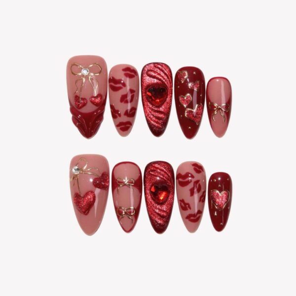 Romantic 3D Red Glitter Heart & Lip Print Coquette Press On Nails