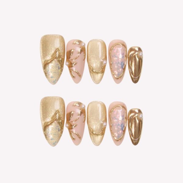 Ethereal Liquid Gold & Iridescent Shell Pearl Press On Nails