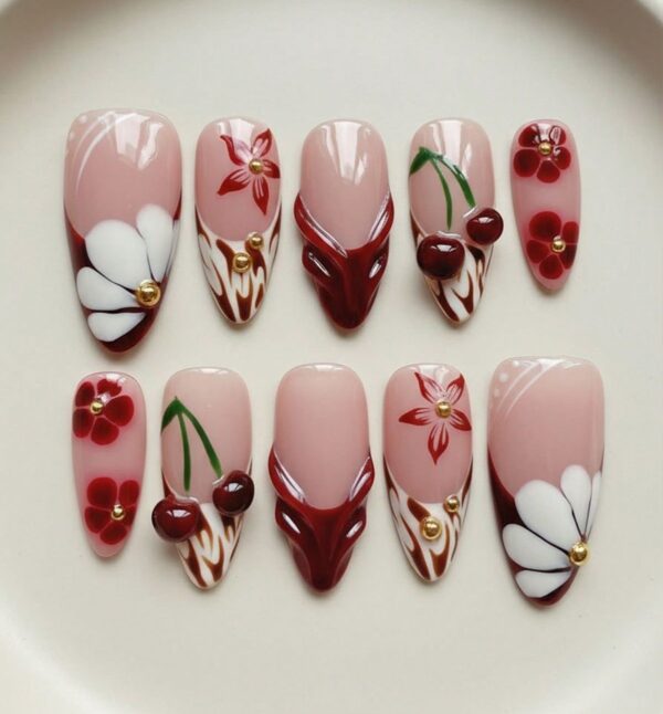 Retro 3D Cherry & Bold Red Floral Abstract Press On Nails