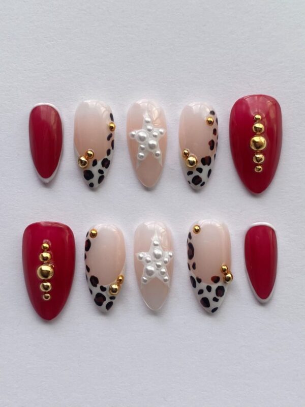 Bold Red & Leopard Print Pearl Star Press On Nails