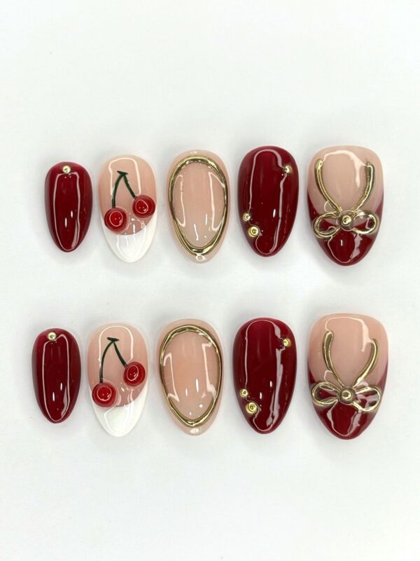 3D Cherry & Gold Bow Deep Red Coquette Press On Nails