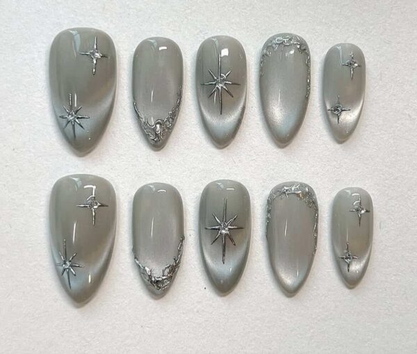 Silver Velvet Cat Eye & 3D Chrome Starburst Press On Nails
